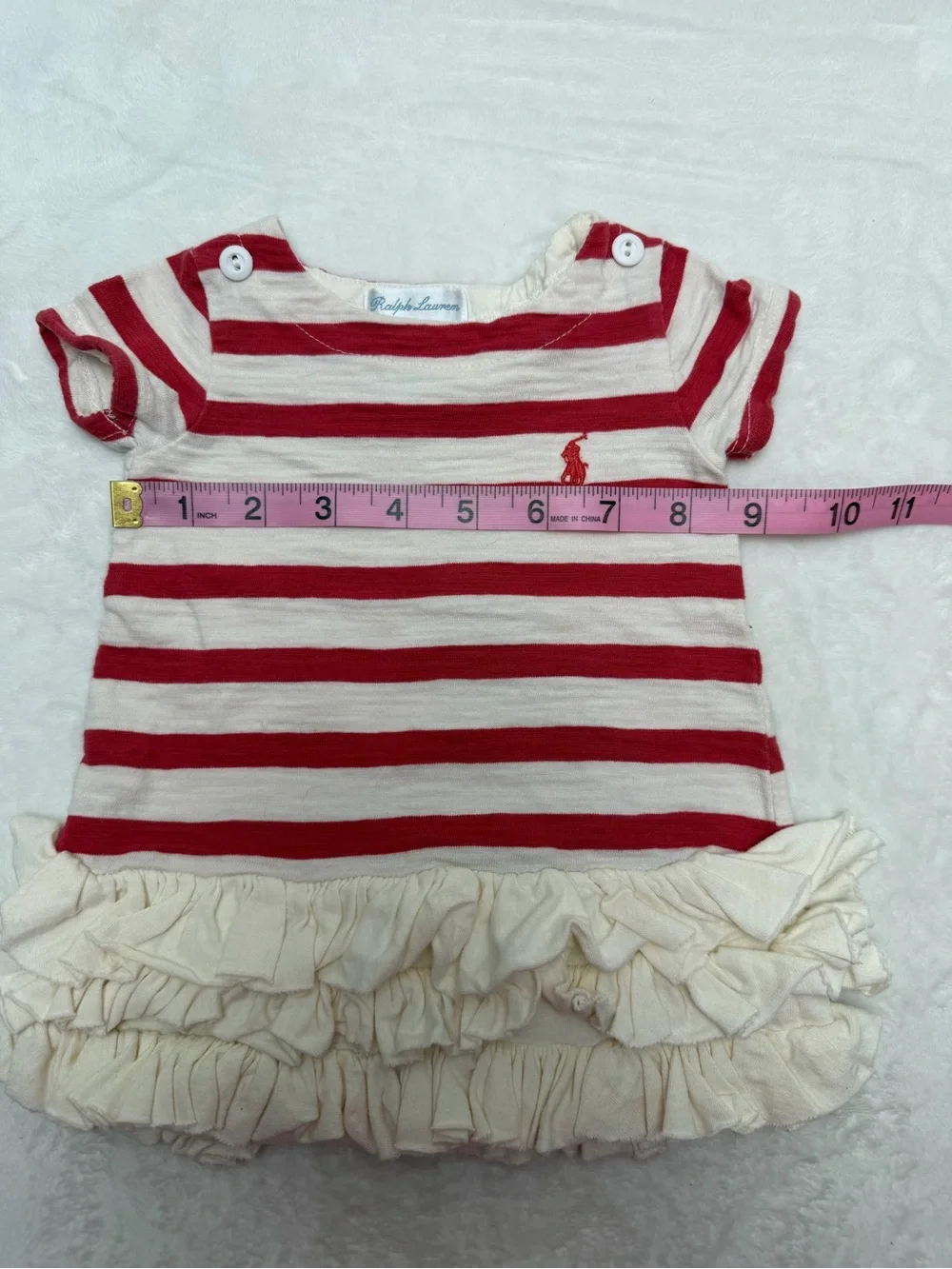 Ralph Lauren Baby Girl 3M Red White Stripe Ruffle Hem Dress 100% Cotton Nautical